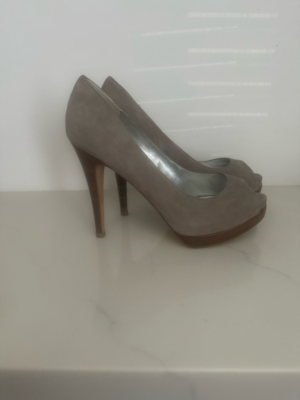 Women’s Taupe Suede Peep-Toe Platform Heels